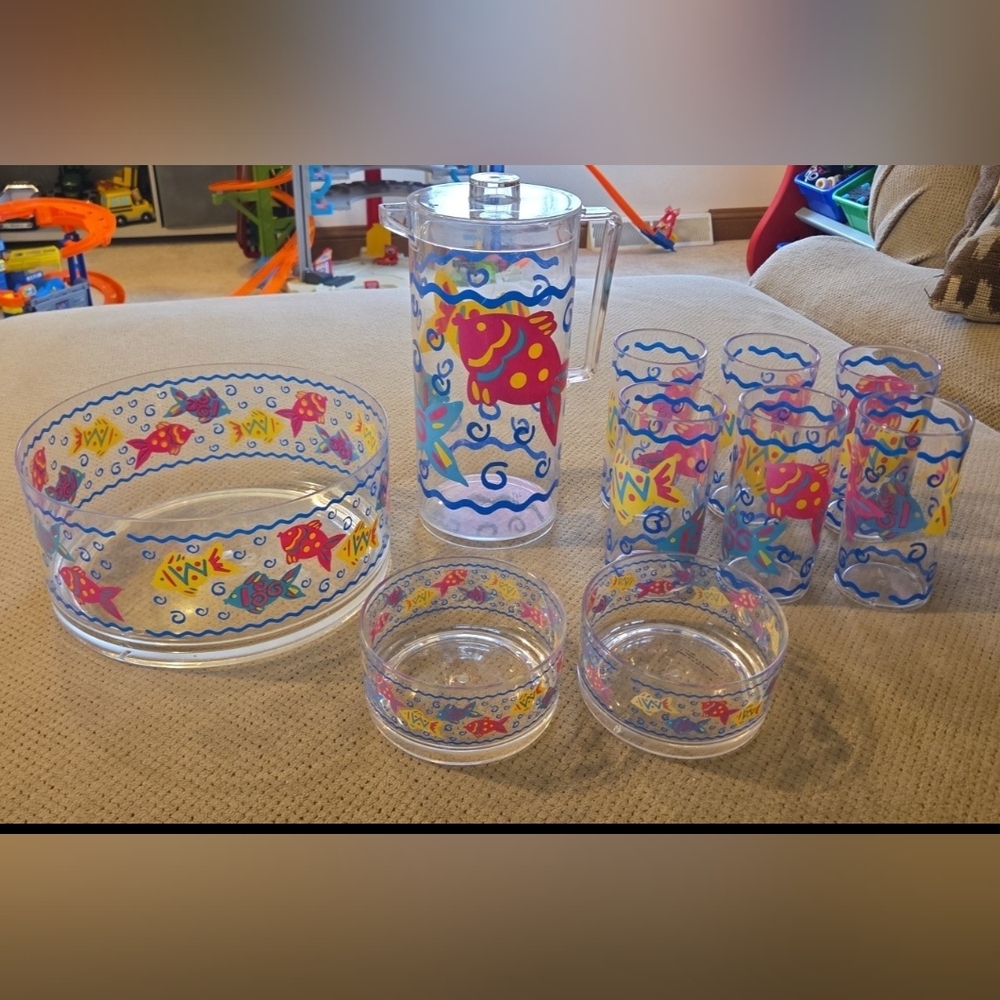 Vintage 1990s Retro Nautical Fish Motif Acrylic Plastic 10 piece set.